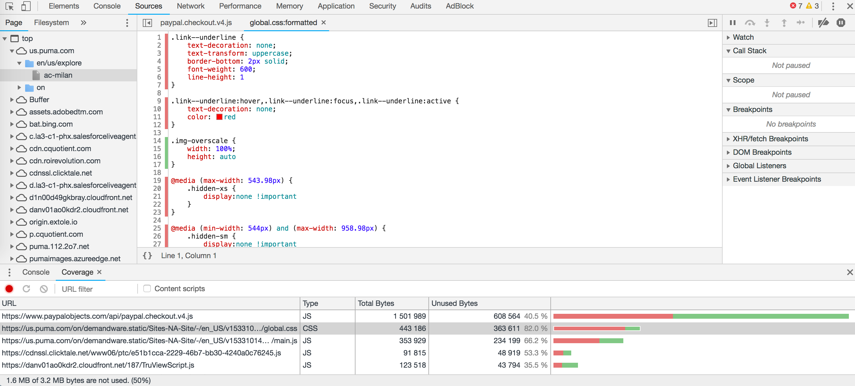 Highlights of code that has been used to render a page