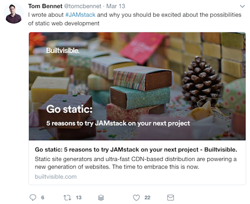Tom Bennet tweet about JAMstack