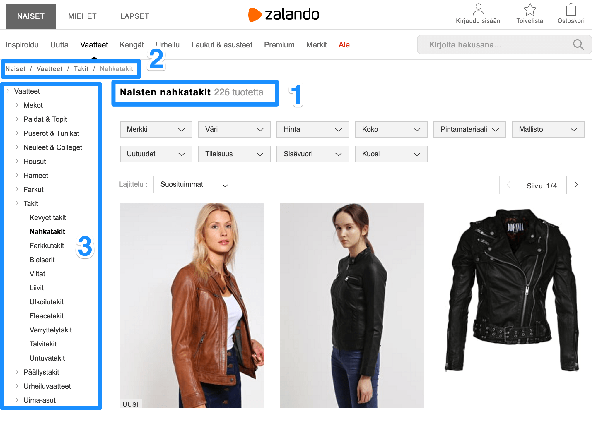 Top of Zalando's product listing page